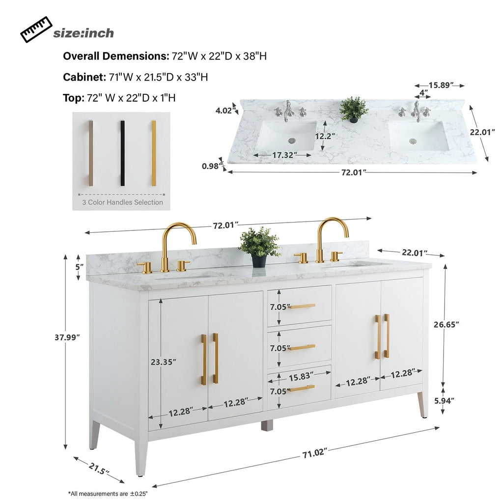 Vanity Art 72 badkamermeubel met dubbele wastafel en blad van composietmarmer