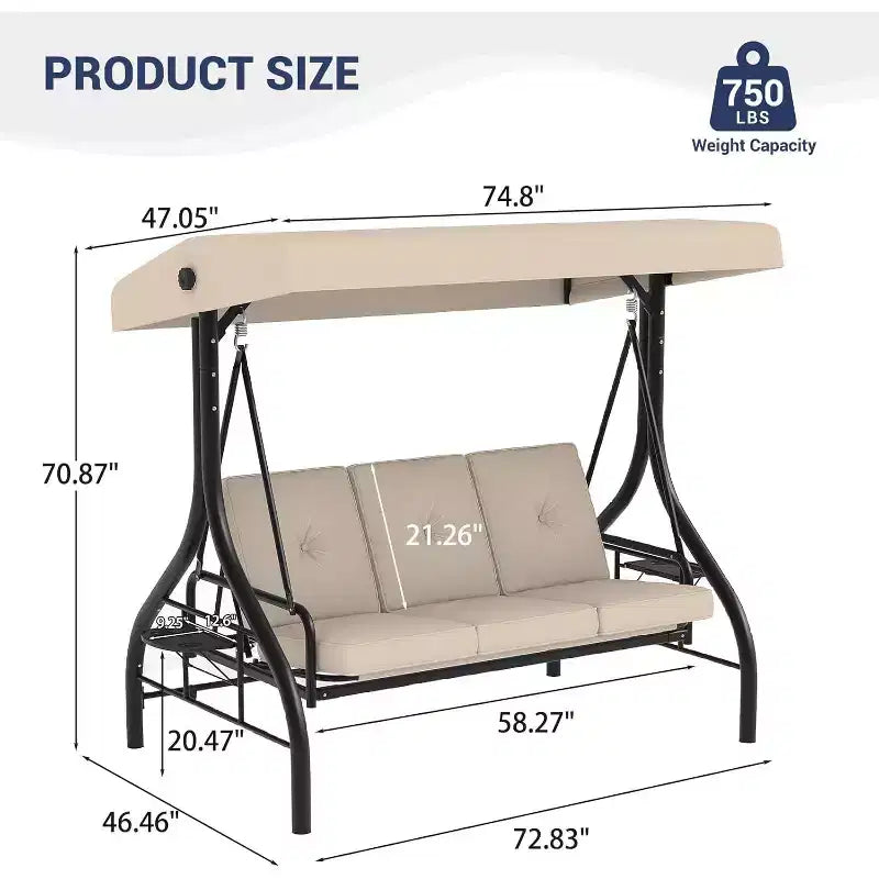 2-in-1 Convertible 3-Seat Outdoor Swing Chair with Adjustable Canopy,Patio Swing Bed with Stand,Thick Cushions&Cup Holders,for Backyard,Garden,Porch