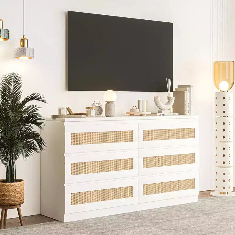 Rattan-Kommode fürs Schlafzimmer mit 6 Schubladen, 119 cm breite moderne Kommode im Landhausstil, Holzschrank mit Stauraum-Organizer für Kleiderschrank, Wohnzimmer und Flur