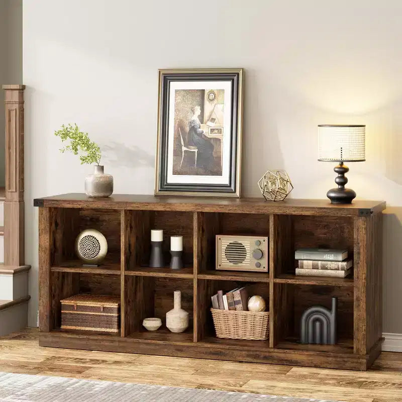 8 Cube Storage Organizer Bookshelf, Farmhouse Horizontal Bookcase, 62 Inch Wood Storage Bookcase for Entryway, Long Low Bookshelves for Living Room