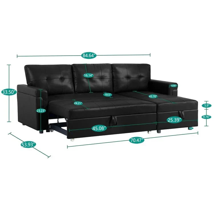 Divano componibile reversibile trasformabile con letto estraibile, chaise longue con contenitore nascosto e gambe resistenti