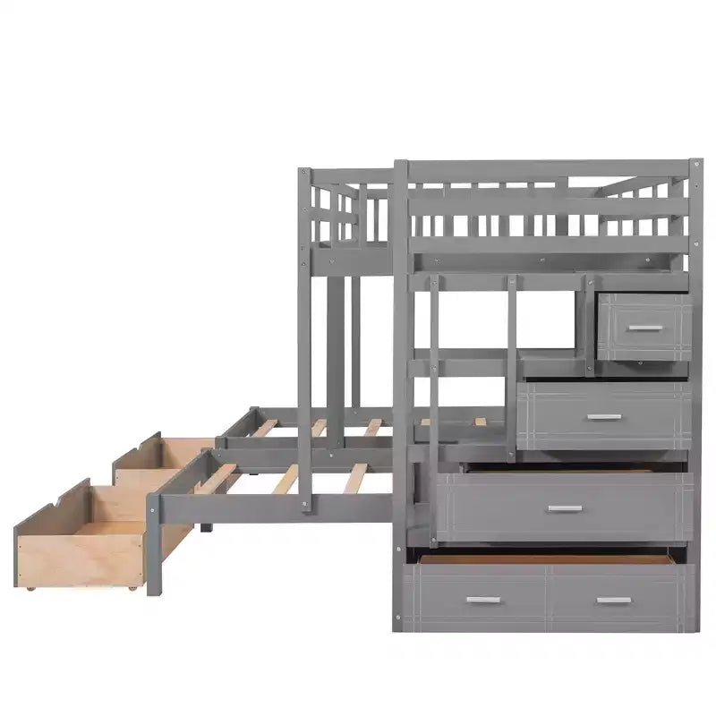 Whisen Full Over Twin & Twin Bunk Bed, Wood Triple Bunk Bed with Drawers and Guardrails