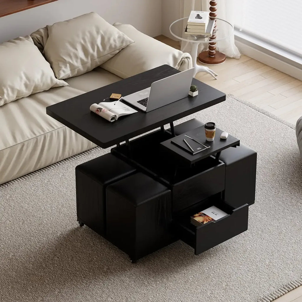 Klappbarer Couchtisch mit Hubfunktion, 4 Hockern und Stauraum