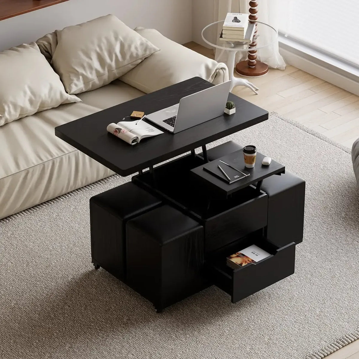 Klappbarer Couchtisch mit Hubfunktion, 4 Hockern und Stauraum