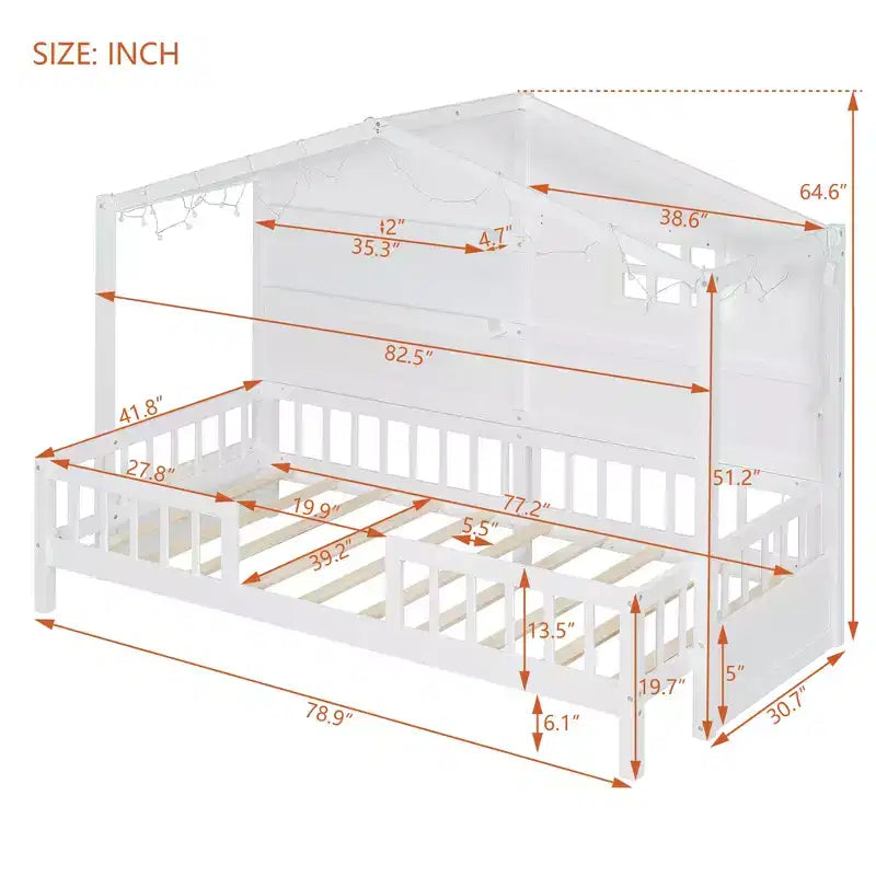 Twin Size House Bed with Storage Shelves and Rails, Wood Kids Montessori Bed Frame with Window and Sparkling Light Strip