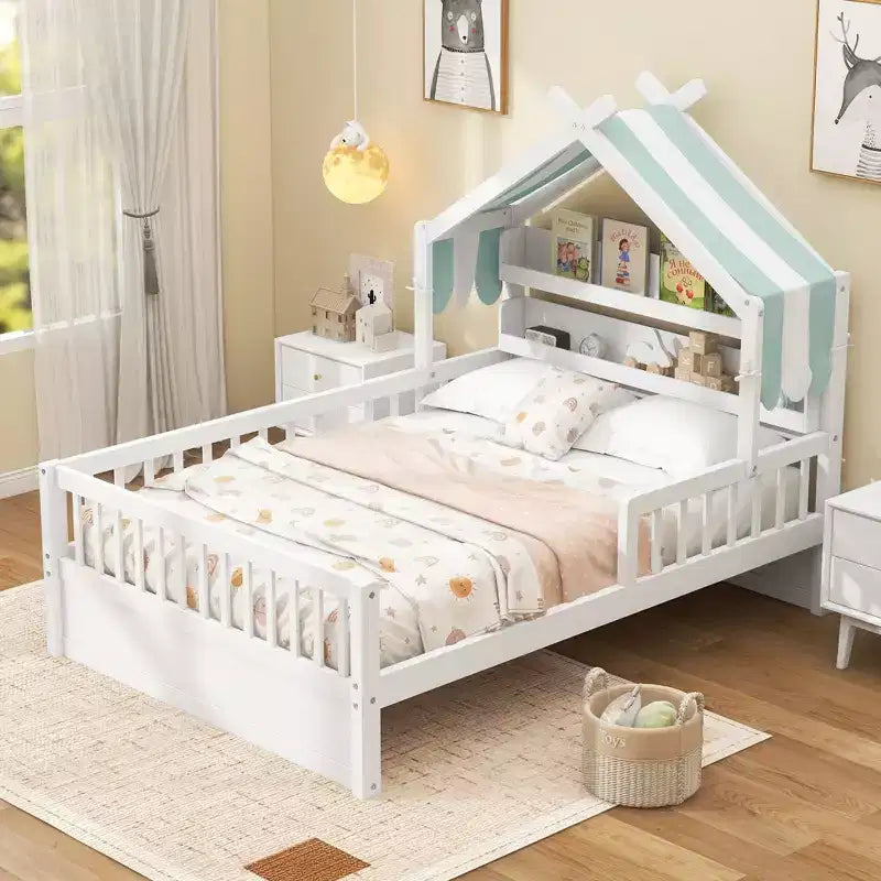 ModernLuxe Twin/Full Size Wooden House Bed with Storage Headboard, Solid Pine Kids Bed Frame with Guardrails