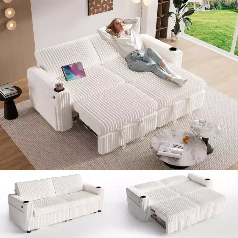 Dyonery 91-delige slaapbank met chaise longue en uitschuifbaar bed, verstelbare rugleuning/twee uitschuifbare bedden/USB-poorten/bekerhouders, zacht corduroy