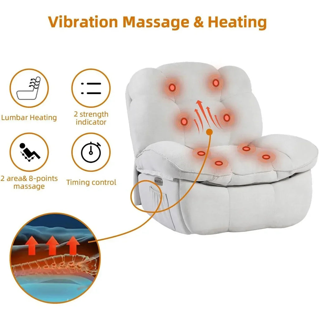 XINMICS draaibare elektrische relaxstoel, massagestoel met schommelstand, verwarming, USB, USB-C en zijvak