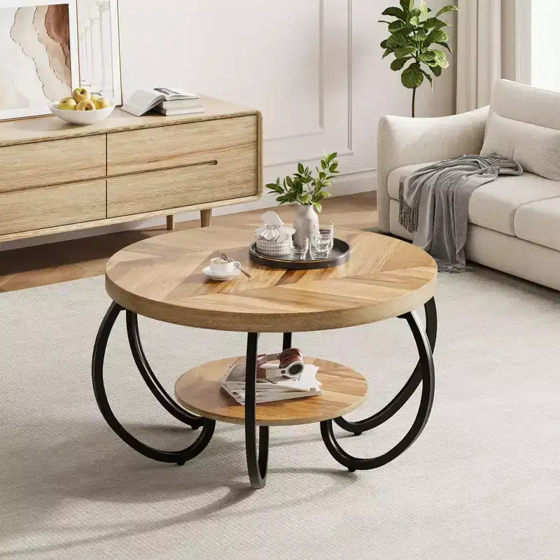Table basse ronde industrielle de 30 pouces à 2 niveaux avec pieds réglables, étagère effet bois, motif de flammes, montage facile, salon