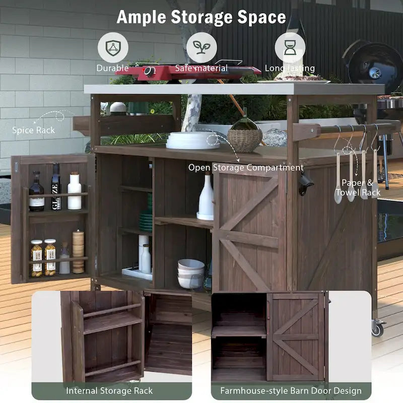 Isla de cocina para exteriores, carrito de bar con ruedas y gabinete de almacenamiento, mesa para parrilla de madera maciza con superficie de acero inoxidable, especiero y toallero