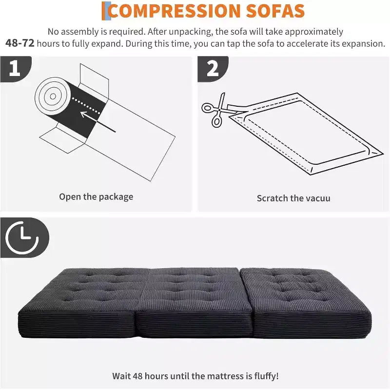 SunnyFurn 15,2 cm dreifach faltbares Matratzen-Sofa-Bett, 190,5 x 138 cm großes faltbares Schaumstoff-Gästebett mit Cordbezug und Knopfsteppung, tragbar für Camping, Wohnzimmer und Schlafzimmer