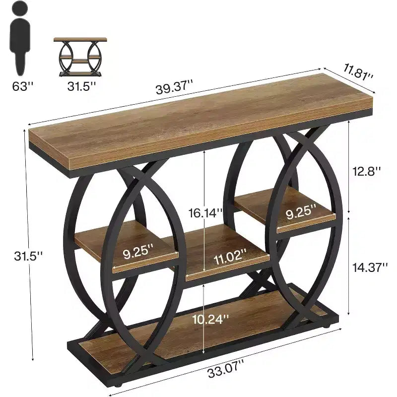 Lantine 39.4 Console Table, Industrial 4-Tier Sofa Table Entryway Table with Storage Shelves and Metal Frame for Small Spaces, Hallway, Foyer, Brown