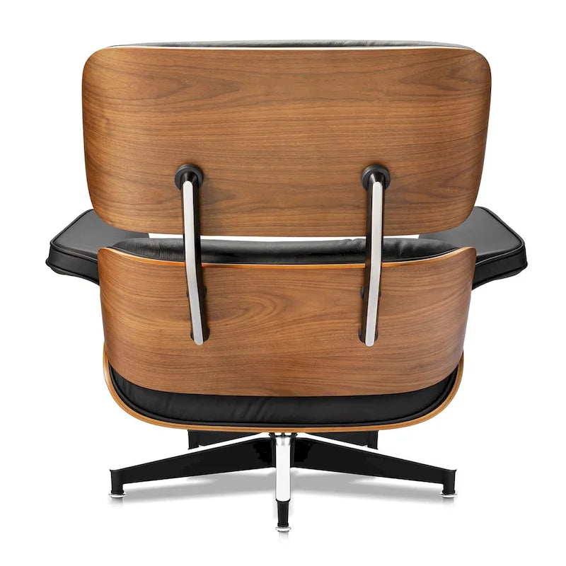 Fauteuil d’appoint et pouf Furgle en cuir véritable, bois de noyer