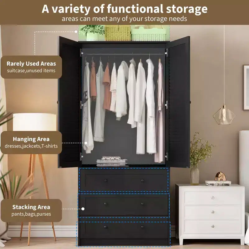 Armoire-penderie COZONY avec 3 tiroirs et 2 portes, meuble de rangement moderne en bois pour chambre, grande armoire blanche sur pied