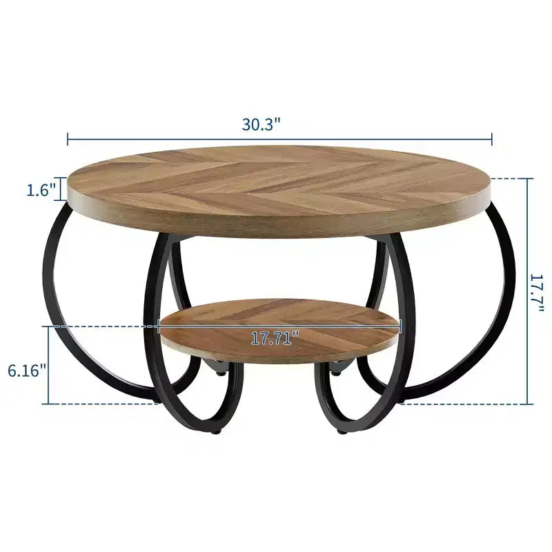 Table basse ronde industrielle de 30 pouces à 2 niveaux avec pieds réglables, étagère effet bois, motif de flammes, montage facile, salon