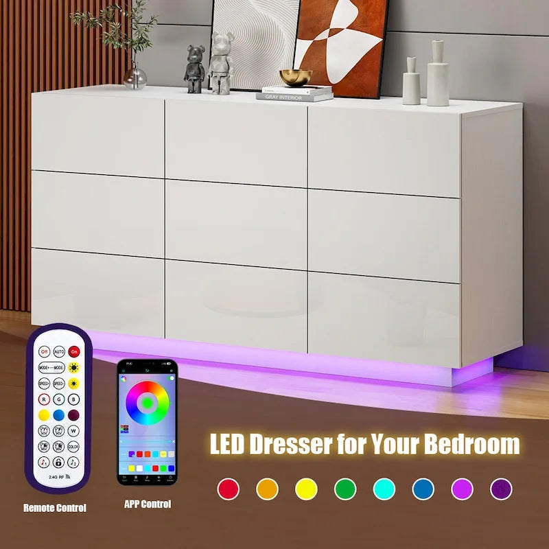 Meuble de rangement et commode à 9 tiroirs, armoire colonne organisatrice pour chambre avec éclairage