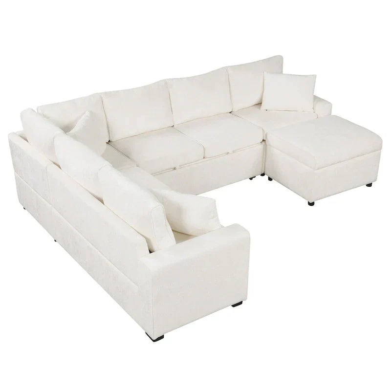 Chenille Sectional Sofa Pull-out Sofa Bed, L-Shape Sleeper Sofa with Storage Ottoman, 3 Pillows and Charging Devices