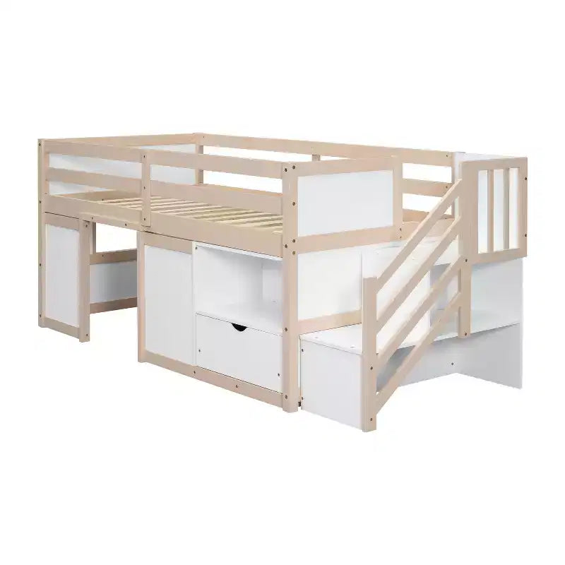 Okak Solid Wood Twin Loft Bed with Stairs & Storage,Low Profile Bunk Beds Twin with Drawers & Shelves,Multi-Functional Loft Beds for Kids,Teens