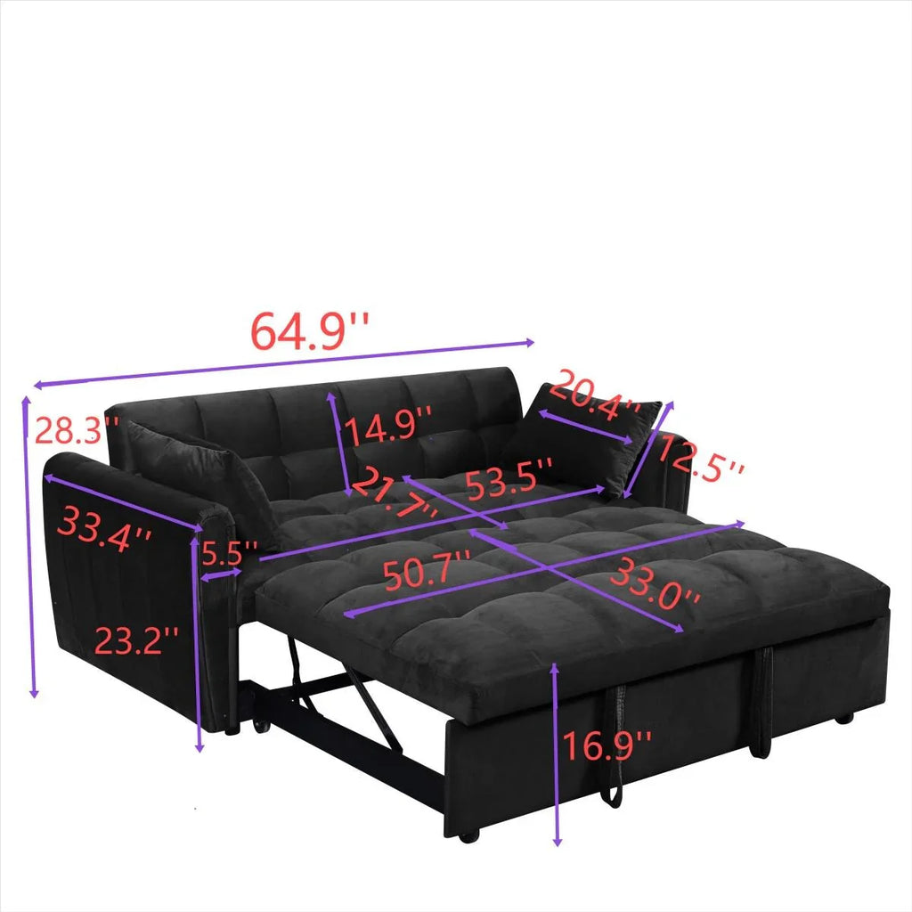 Fluwelen slaapbank van 64,96 inch, 3-in-1, met verstelbare rugleuning, opbergvak en draagvermogen van 500 lb