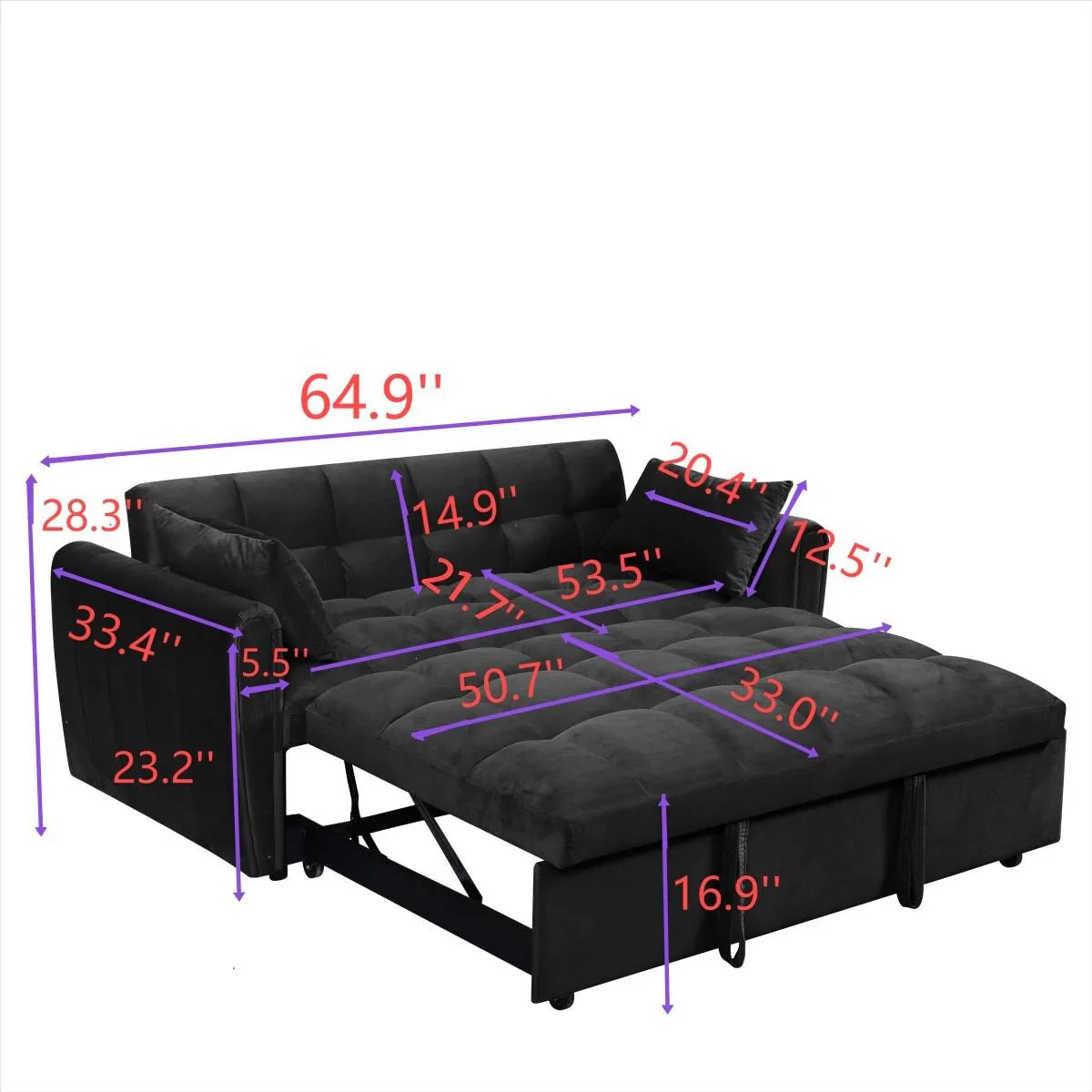 Fluwelen slaapbank van 64,96 inch, 3-in-1, met verstelbare rugleuning, opbergvak en draagvermogen van 500 lb