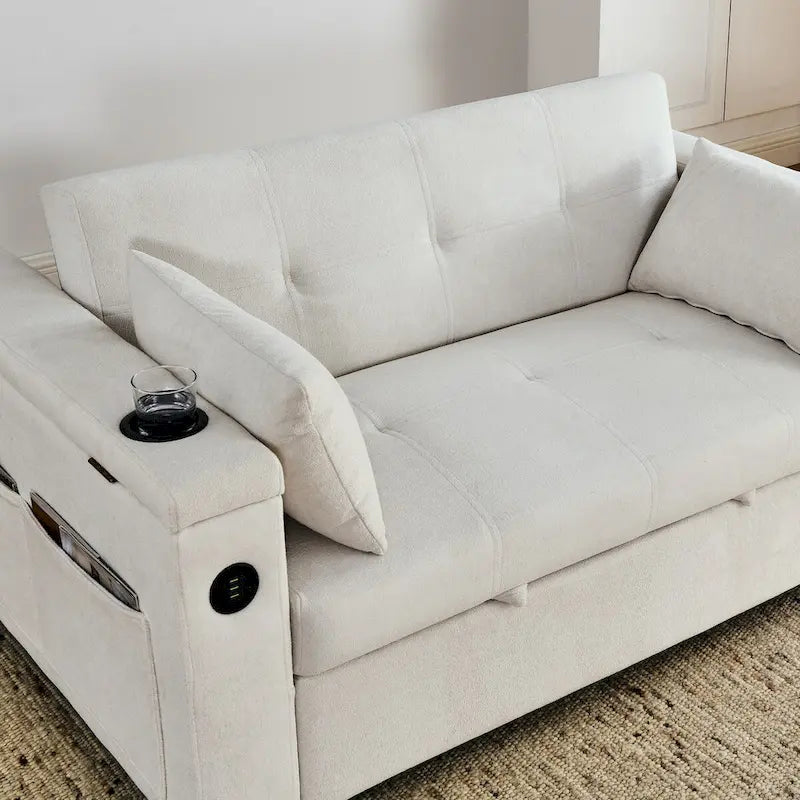 Sofa rozkładana 54, 2-osobowa sofa z funkcją spania i rozkładanymi fotelami, schowkiem, poduszką lędźwiową i gniazdem USB