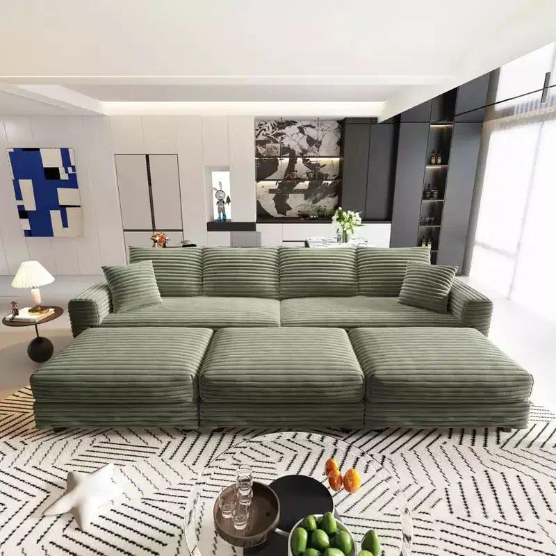 102.4 Pluszowa sztruksowa rozkładana sofa 4-osobowa z pufami - zielona