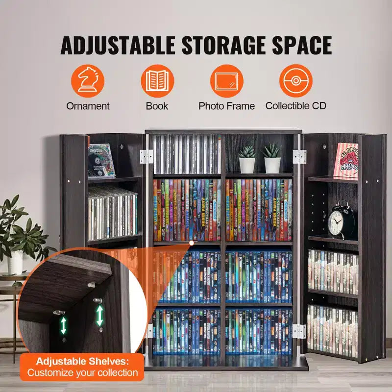 Media Storage Cabinet with Doors and Shelves, CD Storage Holds up to 576 CDs, Adjustable DVD Shelf, Brown