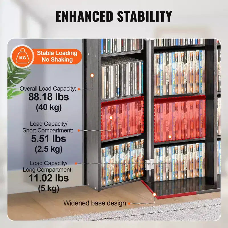 Media Storage Cabinet with Doors and Shelves, CD Storage Holds up to 576 CDs, Adjustable DVD Shelf, Brown