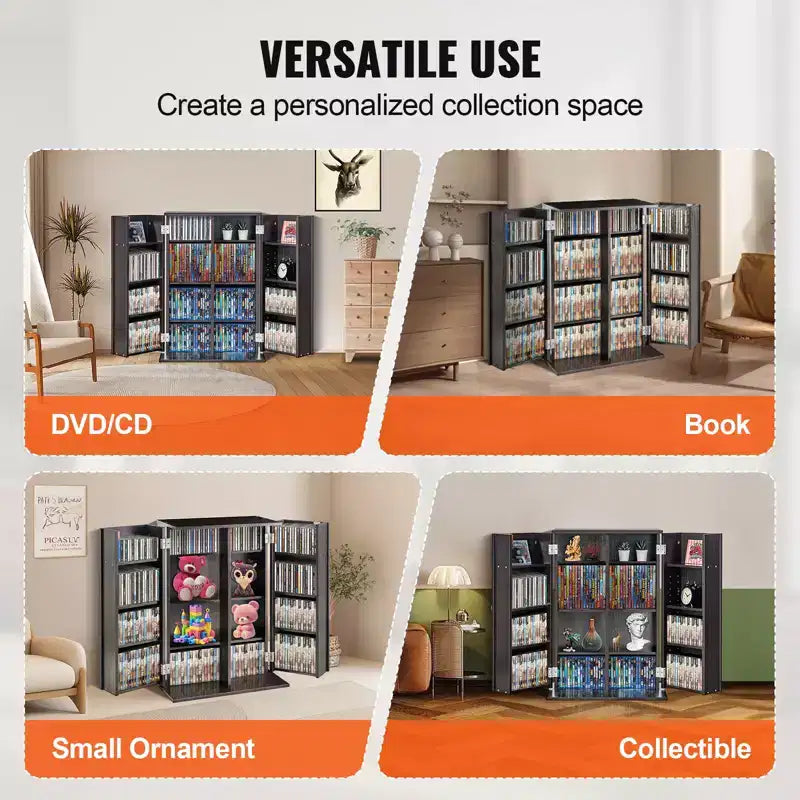 Media Storage Cabinet with Doors and Shelves, CD Storage Holds up to 576 CDs, Adjustable DVD Shelf, Brown
