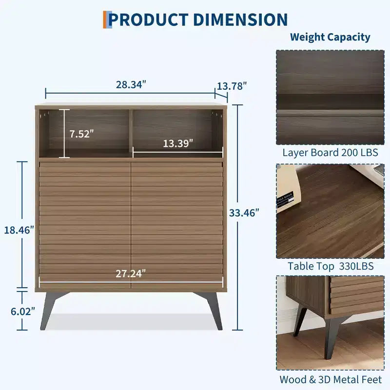 Fluted Storage Cabinet with Metal Legs, Mid Century Modern Sideboard, Buffet Credenza with Storage