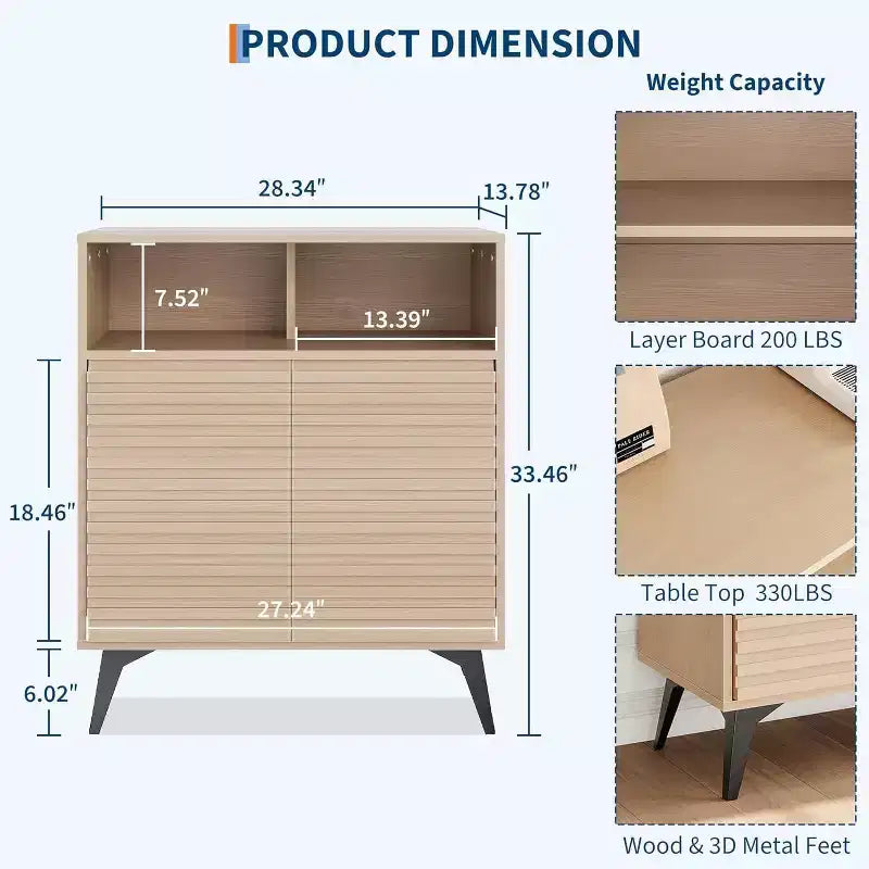 Fluted Storage Cabinet with Metal Legs, Mid Century Modern Sideboard, Buffet Credenza with Storage