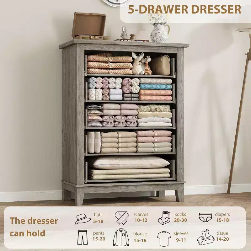 41.3 Tall Vertical Dresser - 5-Drawer Freestanding Storage Chest for Bedroom & Living Room