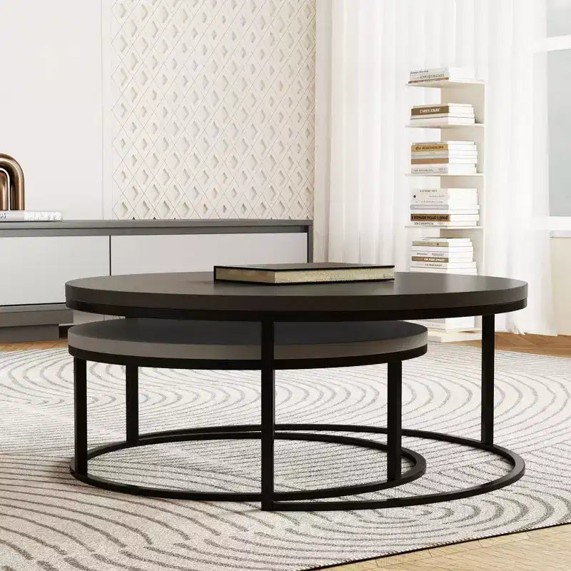 31.5 Modern Round Nesting Coffee Table Set of 2 - Minimalist Industrial Center Tables - Grey/Black