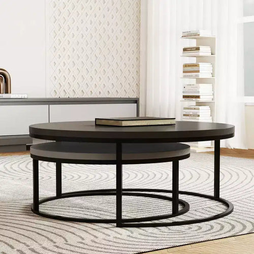 31.5 Modern Round Nesting Coffee Table Set of 2 - Minimalist Industrial Center Tables - Grey/Black