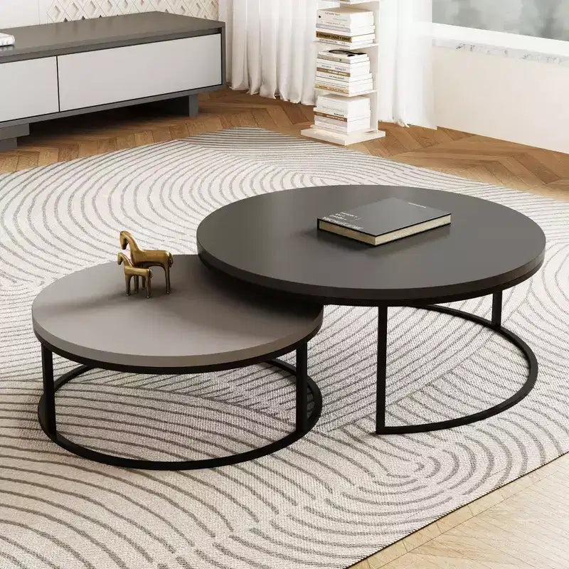 31.5 Modern Round Nesting Coffee Table Set of 2 - Minimalist Industrial Center Tables - Grey/Black