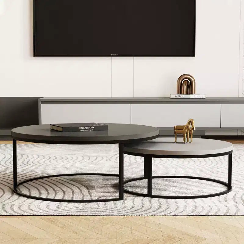 31.5 Modern Round Nesting Coffee Table Set of 2 - Minimalist Industrial Center Tables - Grey/Black