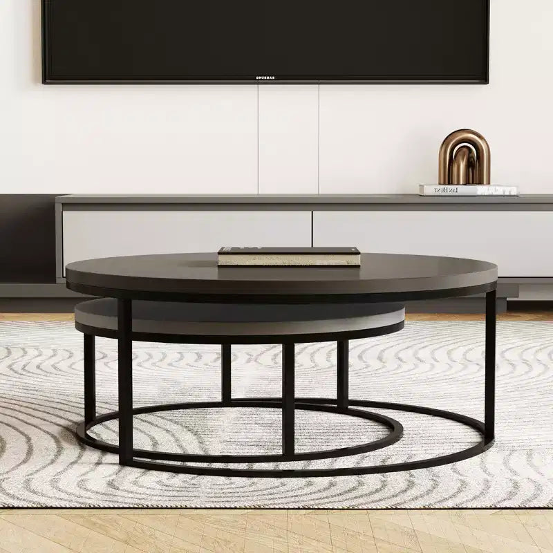 31.5 Modern Round Nesting Coffee Table Set of 2 - Minimalist Industrial Center Tables - Grey/Black