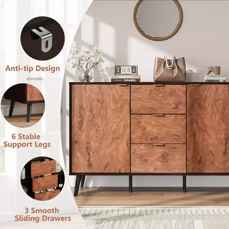 51.2 Farmhouse Sideboard Buffet Cabinet with 3 Drawers, Burl Texture, and Open Shelves, Walnut Finish