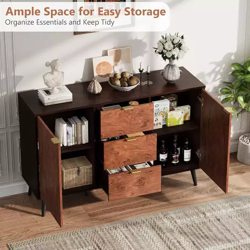 51.2 Farmhouse Sideboard Buffet Cabinet with 3 Drawers, Burl Texture, and Open Shelves, Walnut Finish
