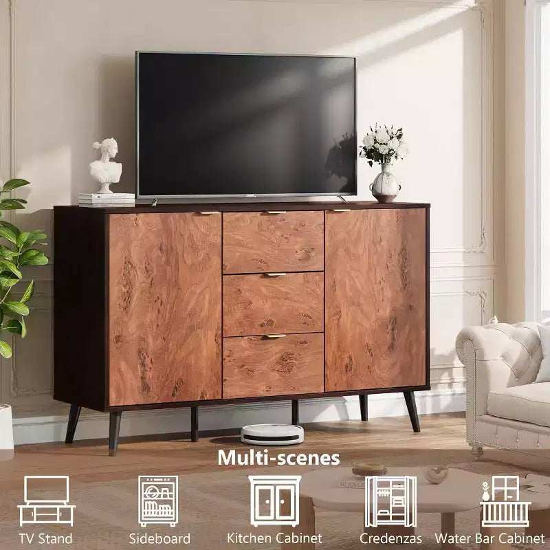 51.2 Farmhouse Sideboard Buffet Cabinet with 3 Drawers, Burl Texture, and Open Shelves, Walnut Finish