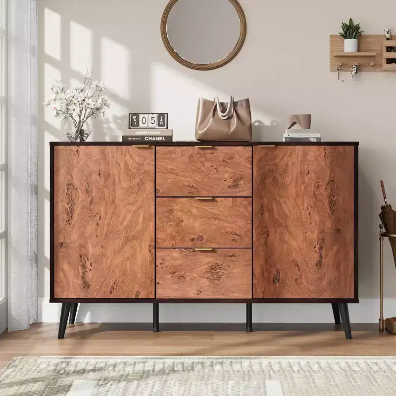 51.2 Farmhouse Sideboard Buffet Cabinet with 3 Drawers, Burl Texture, and Open Shelves, Walnut Finish