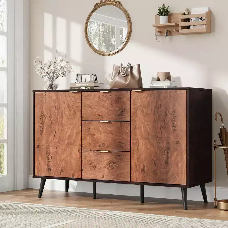 51.2 Farmhouse Sideboard Buffet Cabinet with 3 Drawers, Burl Texture, and Open Shelves, Walnut Finish