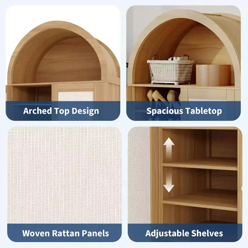 5 Tier Arched Shoe Storage Cabinet with Rattan Doors, Farmhouse Freestanding Shoe Rack Cabinet with Adjustable Shelves for Entryway, Hallway