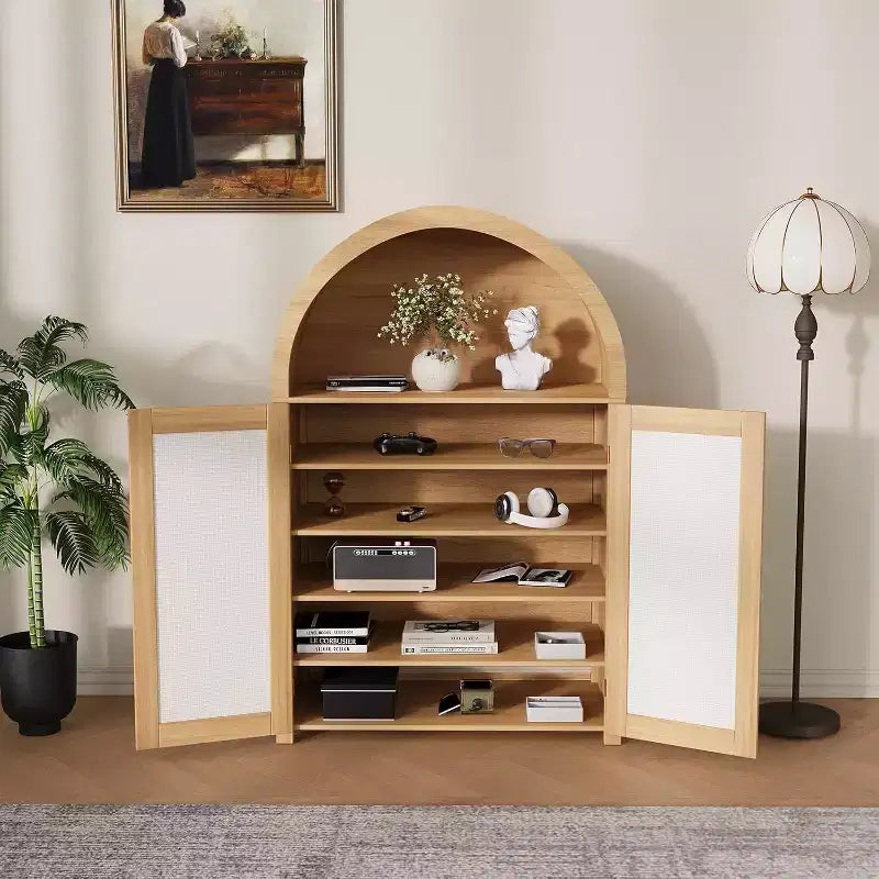5 Tier Arched Shoe Storage Cabinet with Rattan Doors, Farmhouse Freestanding Shoe Rack Cabinet with Adjustable Shelves for Entryway, Hallway