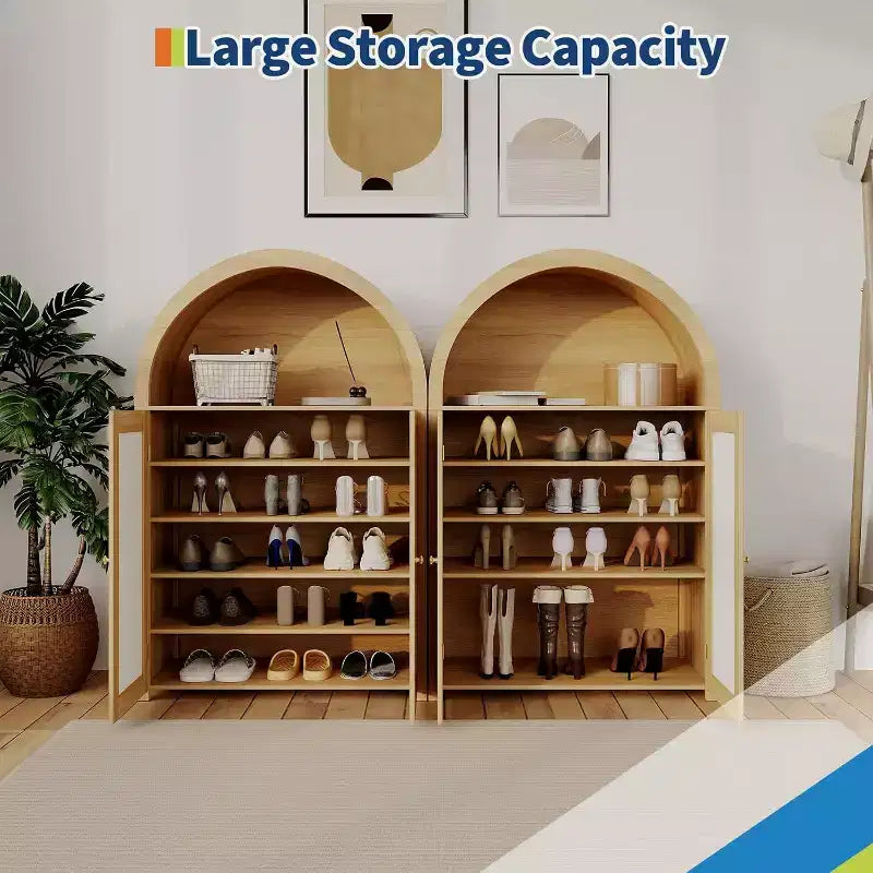 5 Tier Arched Shoe Storage Cabinet with Rattan Doors, Farmhouse Freestanding Shoe Rack Cabinet with Adjustable Shelves for Entryway, Hallway