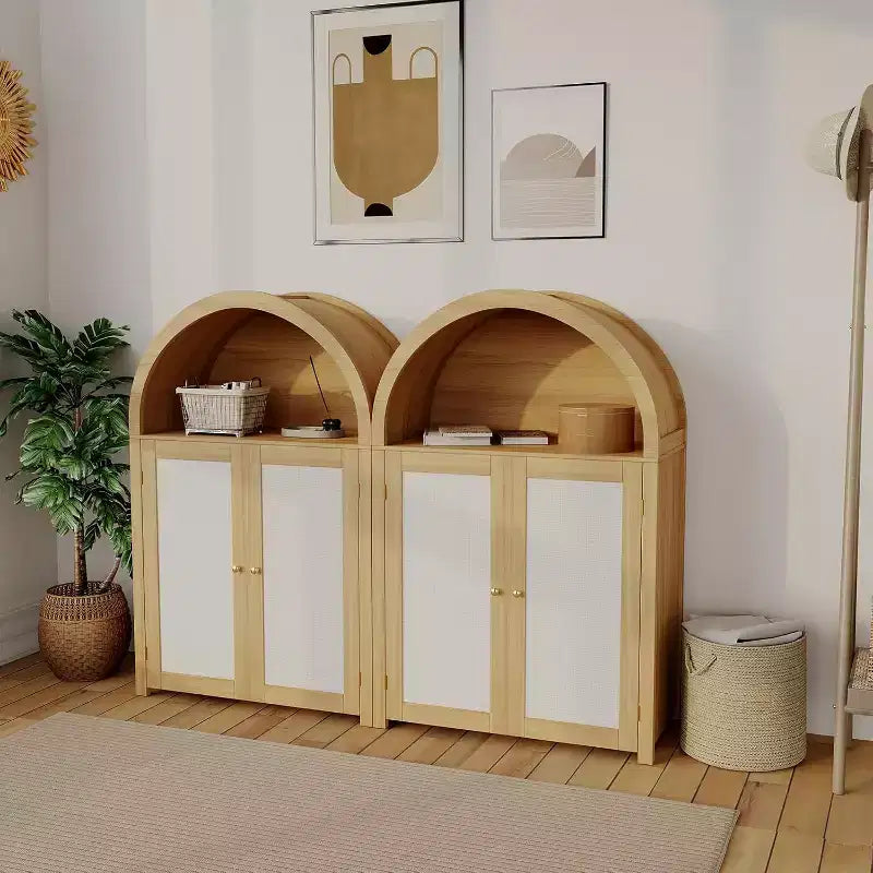 5 Tier Arched Shoe Storage Cabinet with Rattan Doors, Farmhouse Freestanding Shoe Rack Cabinet with Adjustable Shelves for Entryway, Hallway