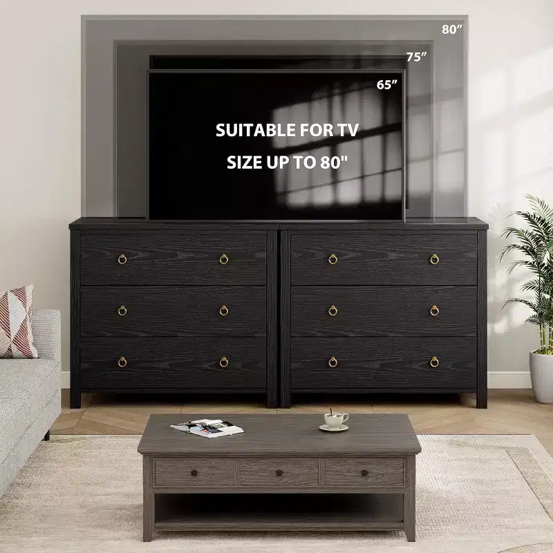 6 Dresser for Bedroom, Modern Wide Drawer Dresser with Storage, Wooden Closet Dressers Chest of Drawers Freestanding, Black