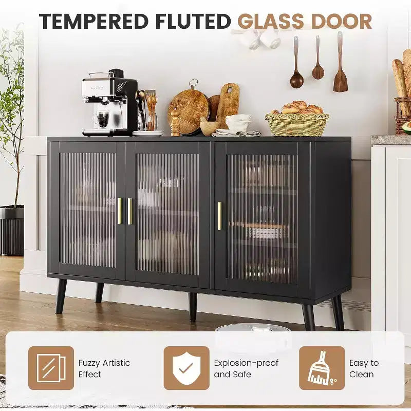 48 Kitchen Sideboard Cabinet with 3 Fluted Glass Doors Removable Shelves, Black Credenza Decorative for Living Room, Dining Room, Kitchen