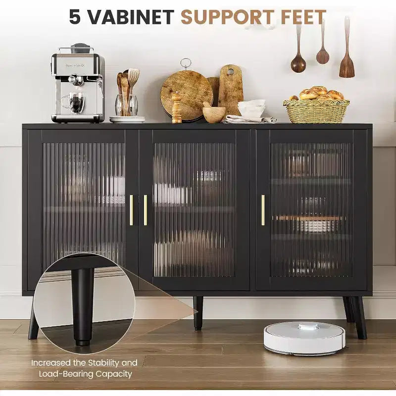 48 Kitchen Sideboard Cabinet with 3 Fluted Glass Doors Removable Shelves, Black Credenza Decorative for Living Room, Dining Room, Kitchen