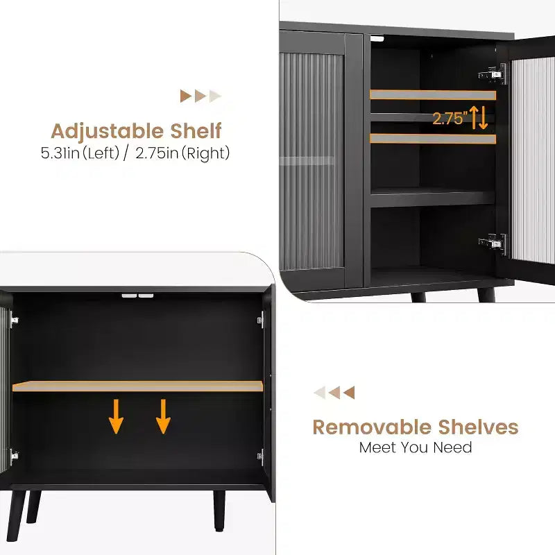 48 Kitchen Sideboard Cabinet with 3 Fluted Glass Doors Removable Shelves, Black Credenza Decorative for Living Room, Dining Room, Kitchen